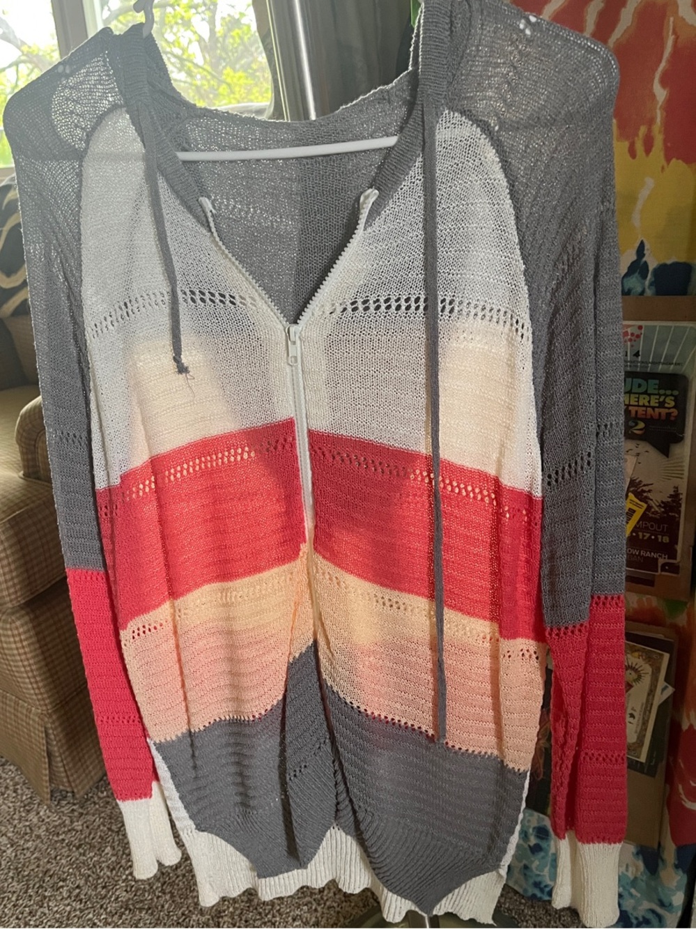Striped Hooded Zip Cardigan in Gray, Coral & Cream